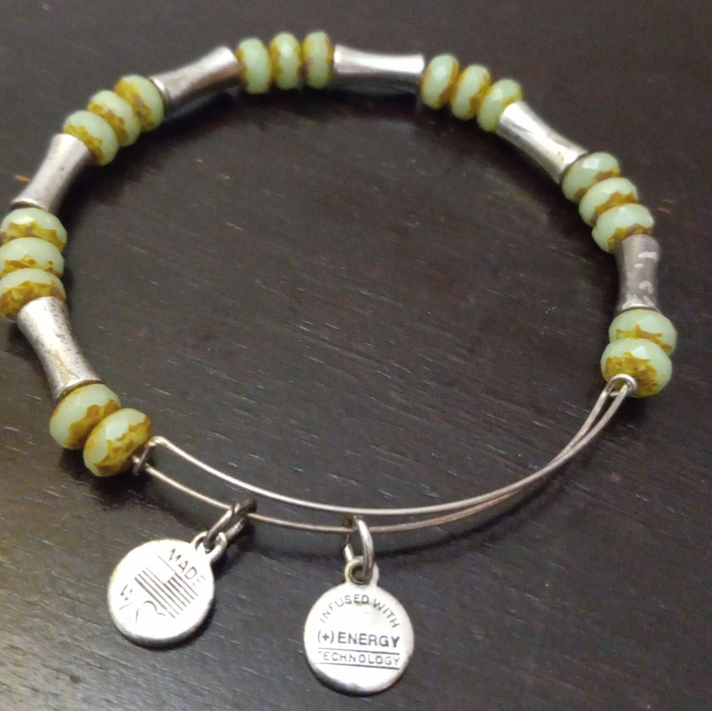 Alex and Ani Silver Tone Bamboo & Green Bead Bracelet